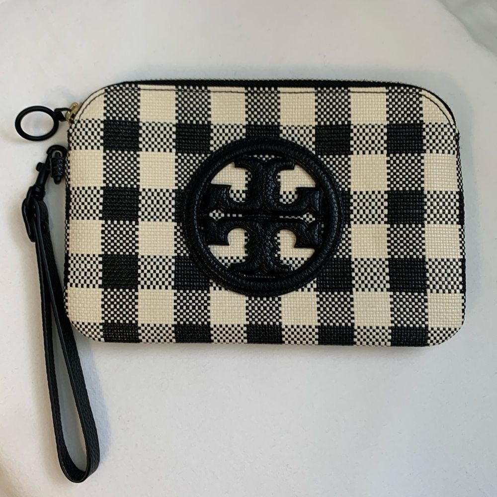 Tory Burch Perry Bombe Gingham Leather Wristlet Black & Ivory Like New